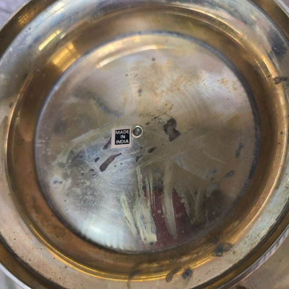 Vtg Enamel & Brass Pedestal Bowl Tray Floral Design Solid Cut 10" Made in India - Picture 4 of 14